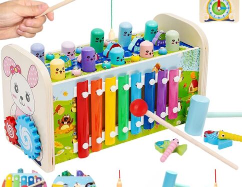 Jouet Montessori 7 en 1 en Bois – Banc à Marteler avec Xylophone et Jeu de Pêche pour Enfants