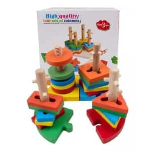 Jeu d'Empilement Géométrique 4 Colonnes en Bois - Puzzle de Formes et Couleurs Montessori pour Apprendre le Tri 3 Ans+