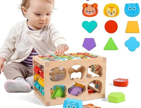 Cube d’Activités Multifonction Cecile Toys en Bois – 6 Faces Éducatives avec Formes, Boulier, Animaux et Élastiques