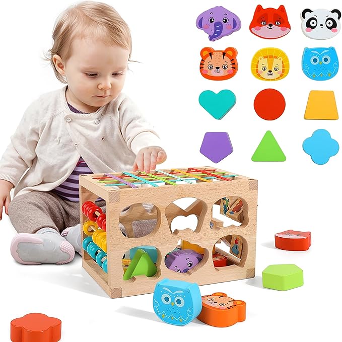 Cube d’Activités Multifonction Cecile Toys en Bois – 6 Faces Éducatives avec Formes, Boulier, Animaux et Élastiques