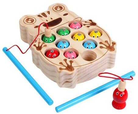 Jeu de Pêche Magnétique en Bois – Jouet Éducatif Montessori avec 10 Poissons Colorés et 2 Cannes
