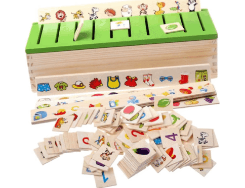 Boîte de Classification Montessori en Bois – 80 Cartes Éducatives – Tri Catégories Animaux Objets