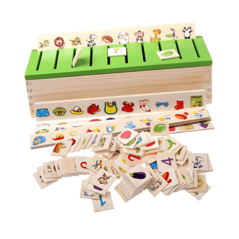 Boîte de Classification Montessori en Bois – 80 Cartes Éducatives – Tri Catégories Animaux Objets