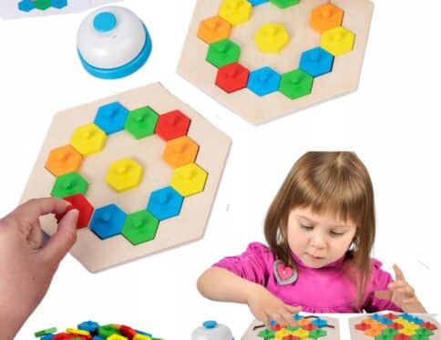 Jeu de Puzzle Hexagonal Honeycomb avec Sonnette – Jeu Montessori de Rapidité et Logique avec 36 Cartes Défis