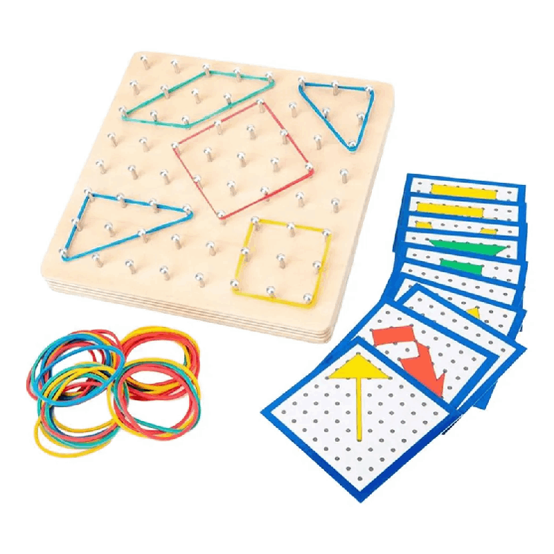 Géoplanche Montessori en Bois – Plateau Géométrique à Élastiques avec Cartes Modèles