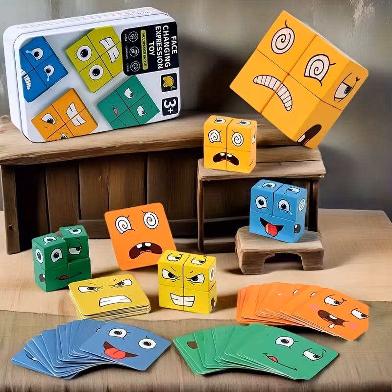 Jeu de Cubes Expressions Faciales Magnétiques – Puzzle Émotions Changeantes Bois Éducatif Montessori Enfants