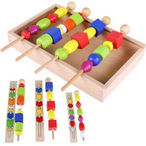 Jeu de Séquences et Perles à Enfiler Montessori en Bois - Boîte de Logique avec Cartes Modèles
