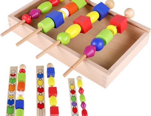 Jeu de Séquences et Perles à Enfiler Montessori en Bois – Boîte de Logique avec Cartes Modèles